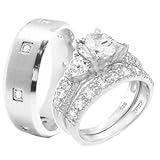 Wedding Ring Set 3 Pieces His & Hers, Men's STAINLESS STEEL & Women's Rhodium Plated STERLING SILVER Heart Engagement Bridal , Men's Sizes 7,8,9,10,11,12, Women's Sizes 5,6,7,8,9,10. CONTACT US BY EMAIL THROUGH AMAZON WITH SIZES AFTER PURCHASE!