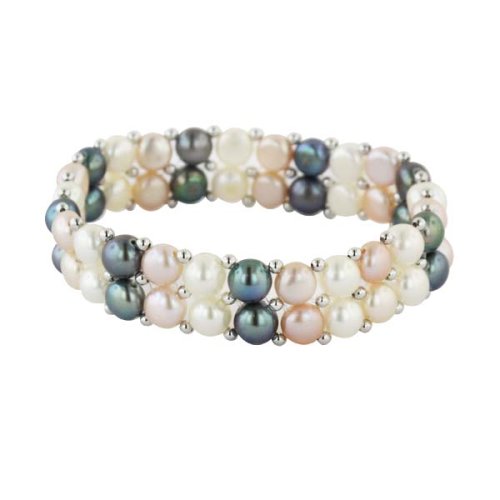 White, Pink & Black Freshwater Cultured Pearl 6.5-7mm Two-Row Stretch Bracelet w/ Sterling Silver Beads