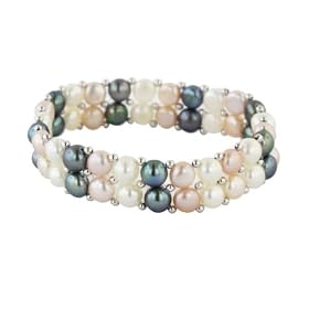 White, Pink & Black Freshwater Cultured Pearl Stretch Bracelet White, Pink & Black Freshwater Cultured Pearl 6.5-7mm Two-Row Stretch Bracelet w/ Sterling Silver Beads