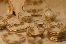 Dollhouse Miniature Gold and White 38 pc Dinner Set in Porcelain