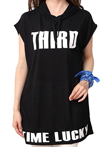 大きいサイズ レディース ロゴ転写プリント入りノースリ ロングパーカー 半袖 体型カバー