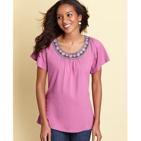 Charter Club Petite Top, Flutter Sleeve Embroidered Scoop Neck