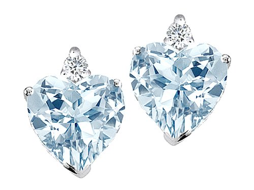 1.89 cts Genuine Heart Shape Aquamarine and Diamond Earring Studs - 14kt White or Yellow Gold