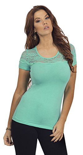 Women's Casual Floral Lace Inset Scoop Neck Short Sleeve Slim Fit Fashion Top