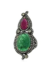 Diamond Pave 18kt Yellow Gold Emerald & Ruby Carved Ring Silver Party Jewelry