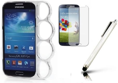 ShopNY Samsung Galaxy S4 i9500 SIV Plastic Brass Knuckles Hard Bumper Rim Case Cover Silver + Free Stylus Pen + Free Screen Protector