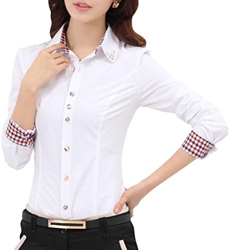 MISHI Women's Fashion Slim OL Long Sleeve Polo Blouse Button Down Shirt White M
