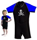 Size 1 (3-4Yr) Blue Childrens shortie wetsuit. Pirate design 2mm neoprene Size 1 (3-4Yr) Blue Childrens shortie wetsuit. Pirate design 2mm neoprene