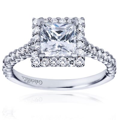 14K White Gold Round Cut Diamond Contemporary Halo Engagement Ring - Does not Include The Center Diamond