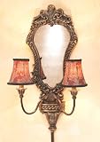 Ornate Mirror Wall Sconce Lamp Double Arm Design Red Gold Black Finish & Damask Print Shades