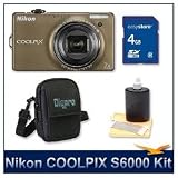 Nikon COOLPIX S6000 Digital Camera (Bronze), 14.2 Megapixel, 7x, 28-196mm Equivalent Zoom, 2.7 LCD, 4 GB Memory Card, Deluxe Carrying Case, and Lens Cleaning Kit