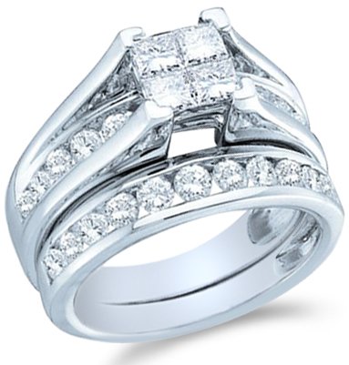 14k White Gold Diamond Ladies Womens Bridal Engagement Ring with Matching Wedding Band Two 2 Ring Set Invisible Solitaire Style Center Setting with Side Stones Channel Set Princess and Round Brilliant Cut Diamond Ring (2.0 cttw, G - H Color, SI2 Clarity)