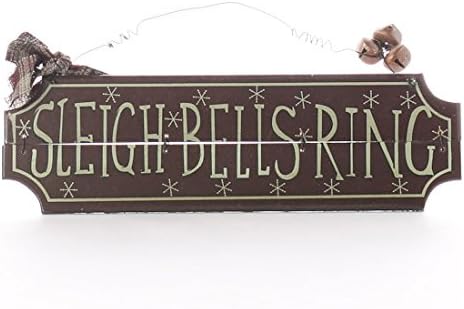 Trio of Primitive Holiday Hanging "Sleigh Bells Ring" Wooden Signs with Jingle Bells and Homespun Hanger