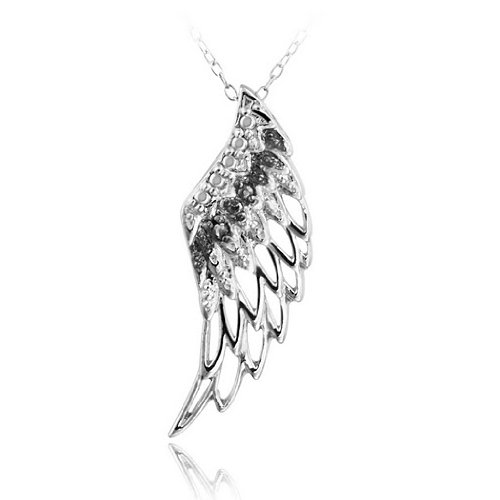 Sterling Silver Black Diamond Accent Angel Feather Wing Necklace