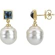 14K Yellow Gold Paspaley South Sea Cultured Fine Circle Pearl and London Blue Topaz Earrings - 11.00mm