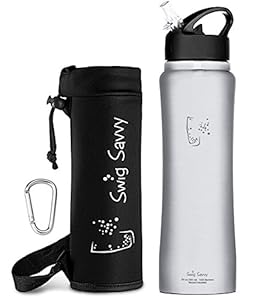 Swig Savvy's Stainless Steel Insulated Water Bottle, Wide Mouth 25 Oz Capacity, Double Wall Design, with Straw Cap -Including Water Bottle Pouch (Stainless Steel)