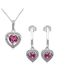 Jewelili Created Pink Sapphire and Diamond Accent Heart Pendant and Earring Boxed Set in Sterling Silver