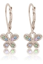 Kids Earrings - 925 Sterling Silver with a White Gold Tone Mixed Colored Crystal Butterfly Leverback Children's Earrings Made with Swarovski Elements Kids, Children, Girls, Baby