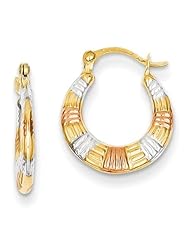 MadiK® 14K Tri Color Gold Textured Hollow Hinged Post Hoop Earrings
