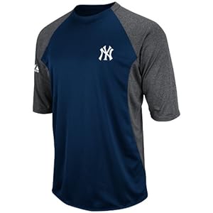 MLB New York Yankees 3/4 Sleeve Crew Neck Featherweight Tech Fleece Pullover, Navy/Grey, X-Large