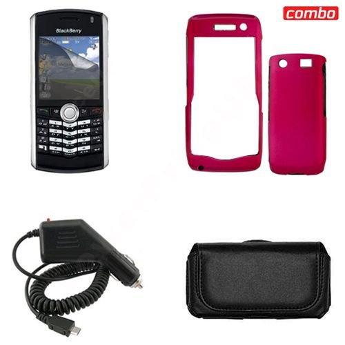 Blackberry pearl 9100 Combo Rubber Feel Rose Pink Protective Case Faceplate Cover + LCD Screen Protector + Rapid Car Charger + Black Horizontal Leather Pouch for Blackberry pearl 9100