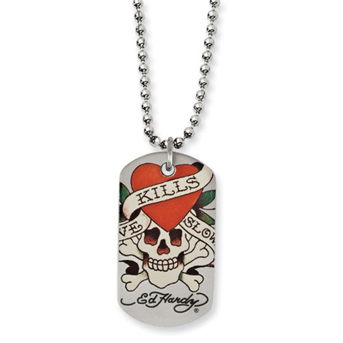 Ed Hardy Love Kills Slowly Dog Tag Necklace in Stainless Steel