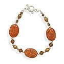 7 Oval Fossil Coral, Crystal and Cultured Freshwater Pearl Toggle Sterling Silver Bracelet