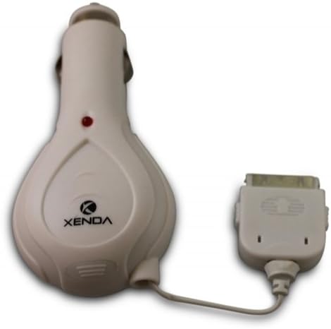 White Retractable Plug in Car Charger Vehicle Lighter Socket DC Power Adapter New Replacement for Apple Ipod Touch 1st, 2nd 3rd, 4th Gen -- iPod Nano 1G, 2G, 3G, 4G, 5G, 6G Generation