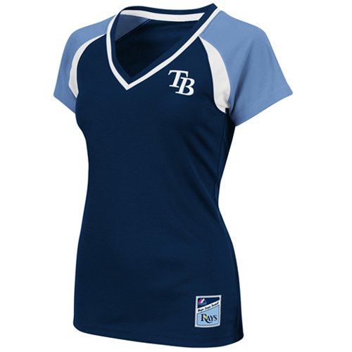 MLB Tampa Bay Rays Athletic Navy/Coastal Blue/White Short Sleeve Poly V-Neck Tee (Medium)