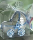 Baby carriage candle blue trim PVC box (Set of 20) - Baby Shower Gifts & Wedding Favors