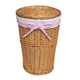 Badger Basket Honey Round Rattan Hamper w/ White Waffle Liner & Four Ribbons
