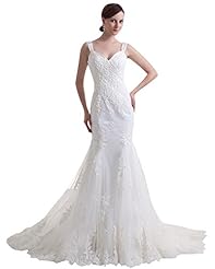 Petite V-neck Floor Length Applique Lace Natural   Waistline Tulle Mermaid  Dress