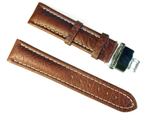 BANDA WYOMING BUFFALO LEATHER WATCHBAND WITH STAINLESS DOUBLE FOLDING BUTTERFLY CLASP DEPLOYANT BUCKLE DESIGN-REAL ITALIAN CALF LEATHER-24mm BROWN COLOR