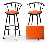 2 Orange Vinyl Specialty / Custom Black Barstools with Backrest Set