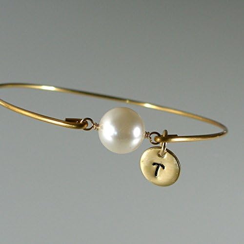 Personalized Swarovski Pearl Bridesmaid Initial Bangle Bracelet - G