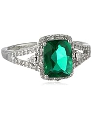 10k White Gold Cushion Simulated Emerald with Round White Diamond Ring, Size 6