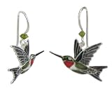 Sterling Silver & Swarovski Crystal Cloisonne Enamel Ruby Throated Hummingbird Earrings in Bamboo Gift Box