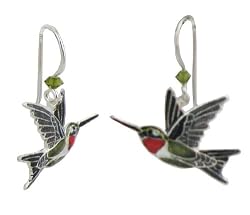 Sterling Silver & Swarovski Crystal Cloisonne Enamel Ruby Throated Hummingbird Earrings in Bamboo Gift Box