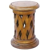 Handmade Asian Furniture - 19 Carved Acacia Wood Round End Table With Lattice Design & Rich Finish