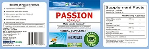 Blue Sky Herbal Passion - Male and Female Fertility Support Herbal Supplement : Passion is a proprietary herbal health supplement which uses a combination of several herbs (Tribulus terristris ,Murcuna pruriens ,Asparagus adscendens) which helps to maintain blood pressure within normal limits. Herbal male / female fertility support.this product contains the ingredients tribulus & murcuna pruiens. Provides energy and and increases self confidence. Boosts strength and energy levels. Several hundreds sold.