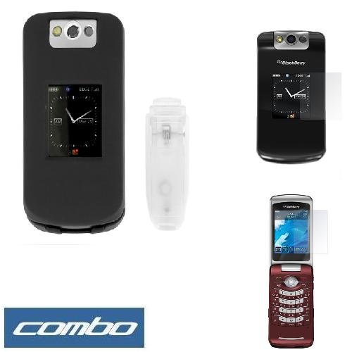 Solid Black Rubberized Snap-On Hard Crystal Cover Case With Clip + Clear Reusable LCD Screen Protector for T-Mobile BlackBerry Pearl Flip 8220 Smartphone