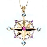 14k Yellow Gold Pink Tourmaline, Blue Zircon, and Amethyst Compass Rose Pendant, 18