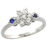 Sterling Silver Flower Engagement Ring w/ Brilliant Cut Clear & Blue Sapphire Color CZ Stones, 1/4 in. (7mm) wide, size 8