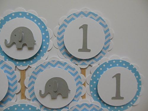1st Birthday Elephant Cupcake Toppers - Blue Polka Dots and Chevrons - Set of 12