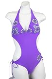 Purple Halter Tie Side Bottom Sequins Monokini Swimsuit with Removable Soft Pads