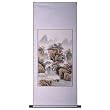 Handmade Asian Wall Art Scroll Painting On Textured White Brocade - Mountain Waterfall Temple