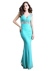 V-neck Sleeveless Backless Ruched Mesh Sequined Lace Mermaid Evening Dress/Prom Dress/Party Dress/Wedding Dress 
