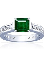 14K White Gold Emerald Cut Emerald Ring With Sidestones