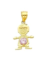 14K Yellow Gold October CZ Birthstone Boy Charm Pendant for Baby and Children (Pink Tourmaline, Light Pink)