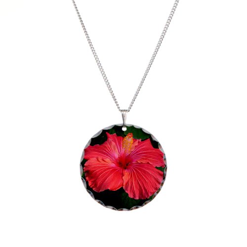Necklace Circle Charm Red Hibiscus Bloom